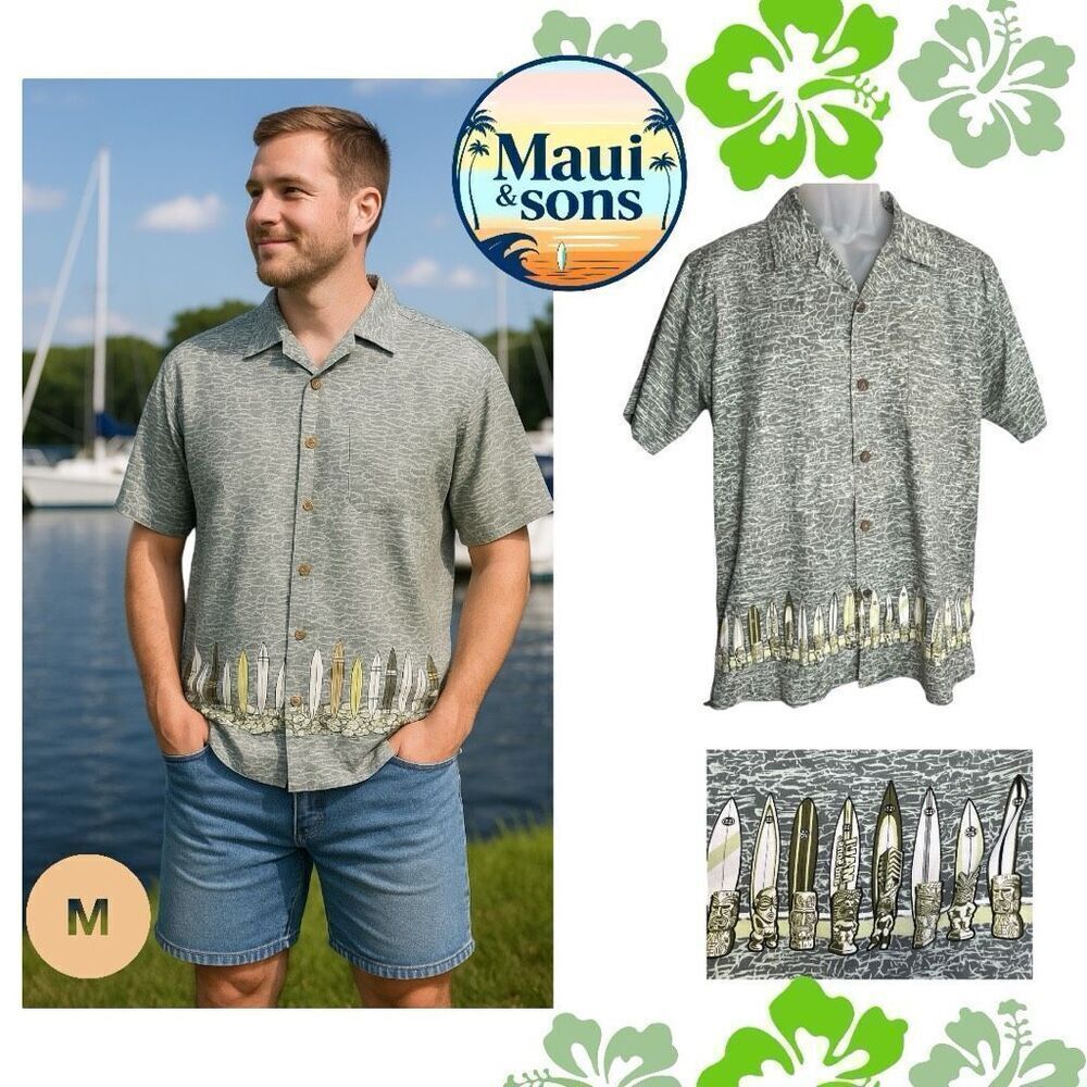 Maui and Sons Gray Surf Board Print Short Sleeve Top Button up mens Med